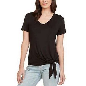 Matty M Women Black Short Sleeve Shirt With Tie On Bottom